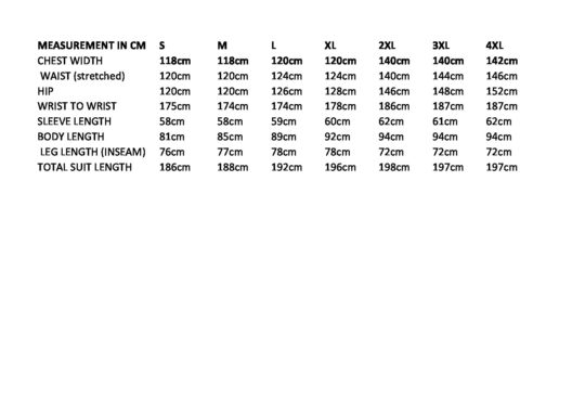 Bee Suit Size Chart