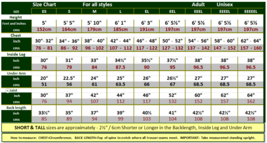 Bee Suit Size Chart