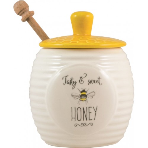 Honeypot with Lid and Server Hive World Bee Happy Honey Pot